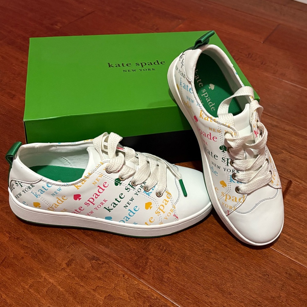 Kate Spade Nixie woman White green Sneakers with Colorful Logo Print size 7.5 B